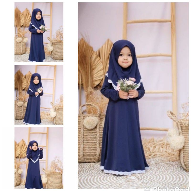 Gamis Meca Set Hijab Anak Perempuan Usia 6 Bulan-2 Tahun |Setelan Busana Bju Syari Bayi Terbaru 8 bln-1 Thn|Stelan Pakaian Tanggung Little Pineapple Baju Muslim Lucu