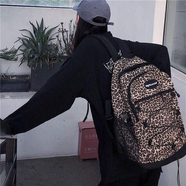 ❈▽Sera dark wind goreng street leopard print ransel untuk pria dan wanita versi Korea tas sekolah siswa kasual berkapasitas besar untuk semua pertandingan untuk pria dan wanita