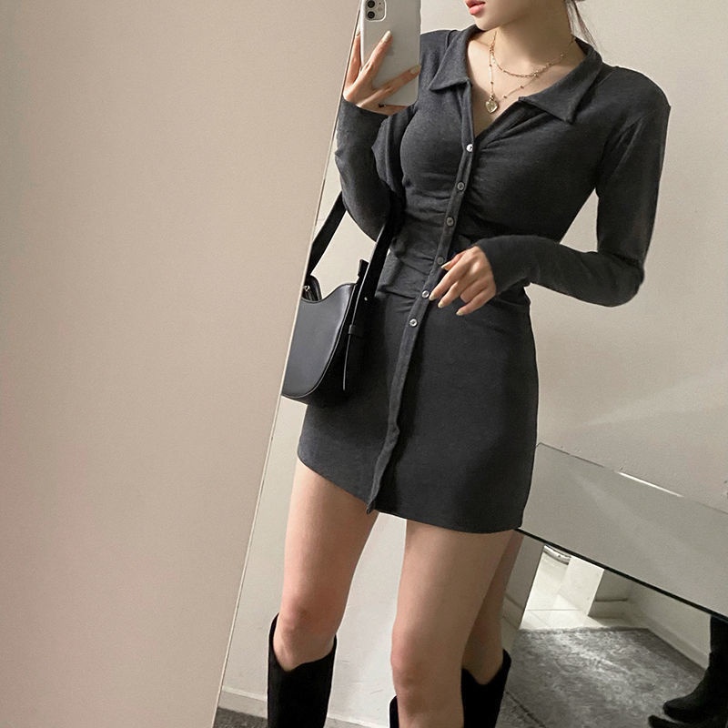 Suhao Versi Korea dari Pure Color Slim Fit Polo Neck Shirring Wrap Hip Rok Lengan Panjang Buckle Dress Musim Gugur/Winter Bottom Spice Girl