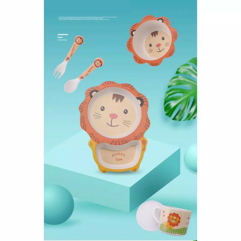 (pimenova) Bamboo kids set, Piring mangkok bambu anak, peralatan makan anak set bahan bambu kartun