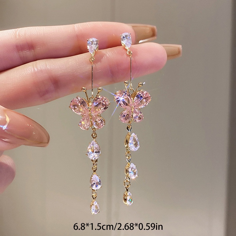 Anting Tusuk Gantung Bahan Sterling Silver Desain Kupukupu Hias Zircon Untuk Wanita Butterfly