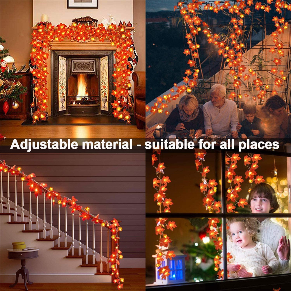 1.5/3m 3D Lampu Labu Syukuran Dekorasi Halloween String Lampu Jatuh Red Maple Leaf Garland Maple Leaf Autumn Lights Pumpkin LED