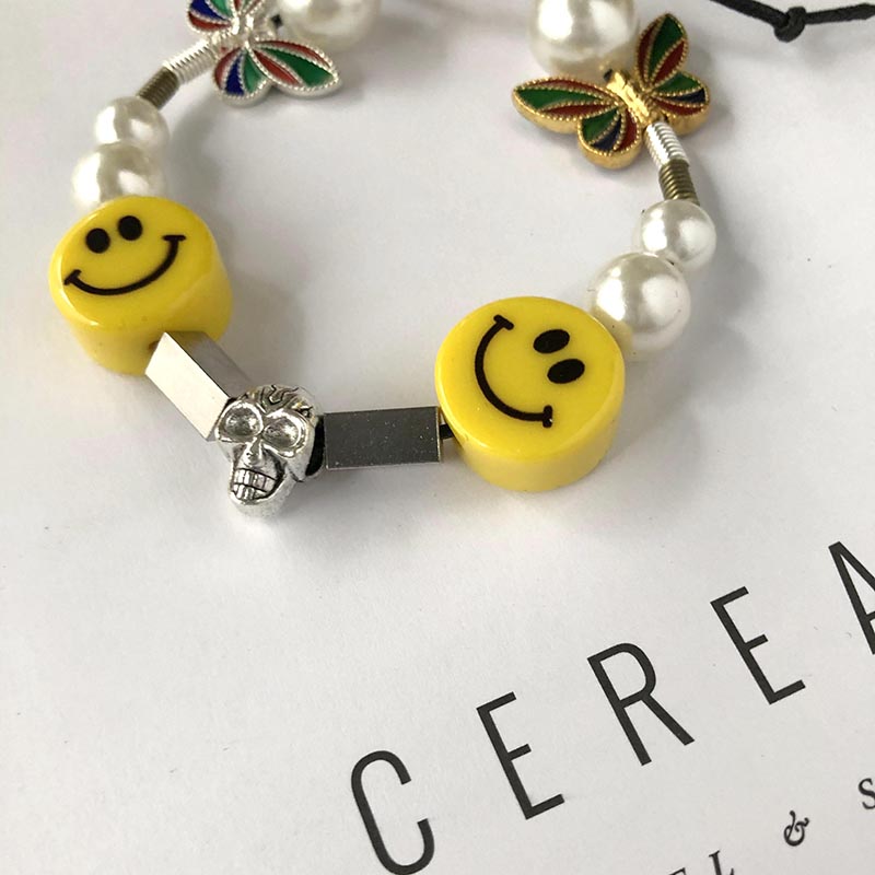 Butterfly Pearl Smiley Face Bracelet Accessories Hip Hop Trendy Retro