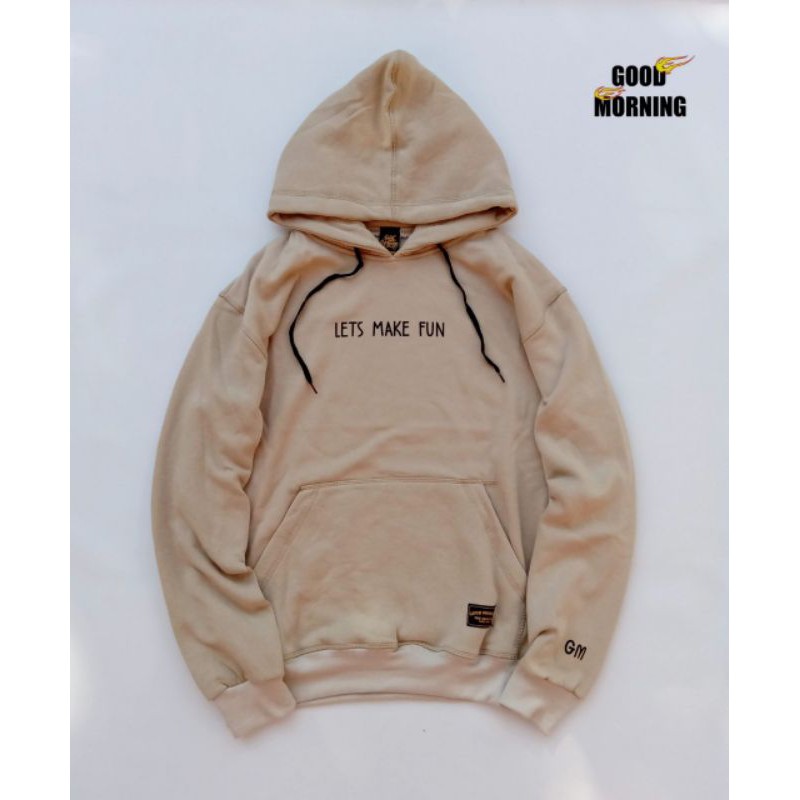 GOOD MORNING SWEATER HOODIE cowok Sweatshirt warna cream birdseed with black word art GM1076