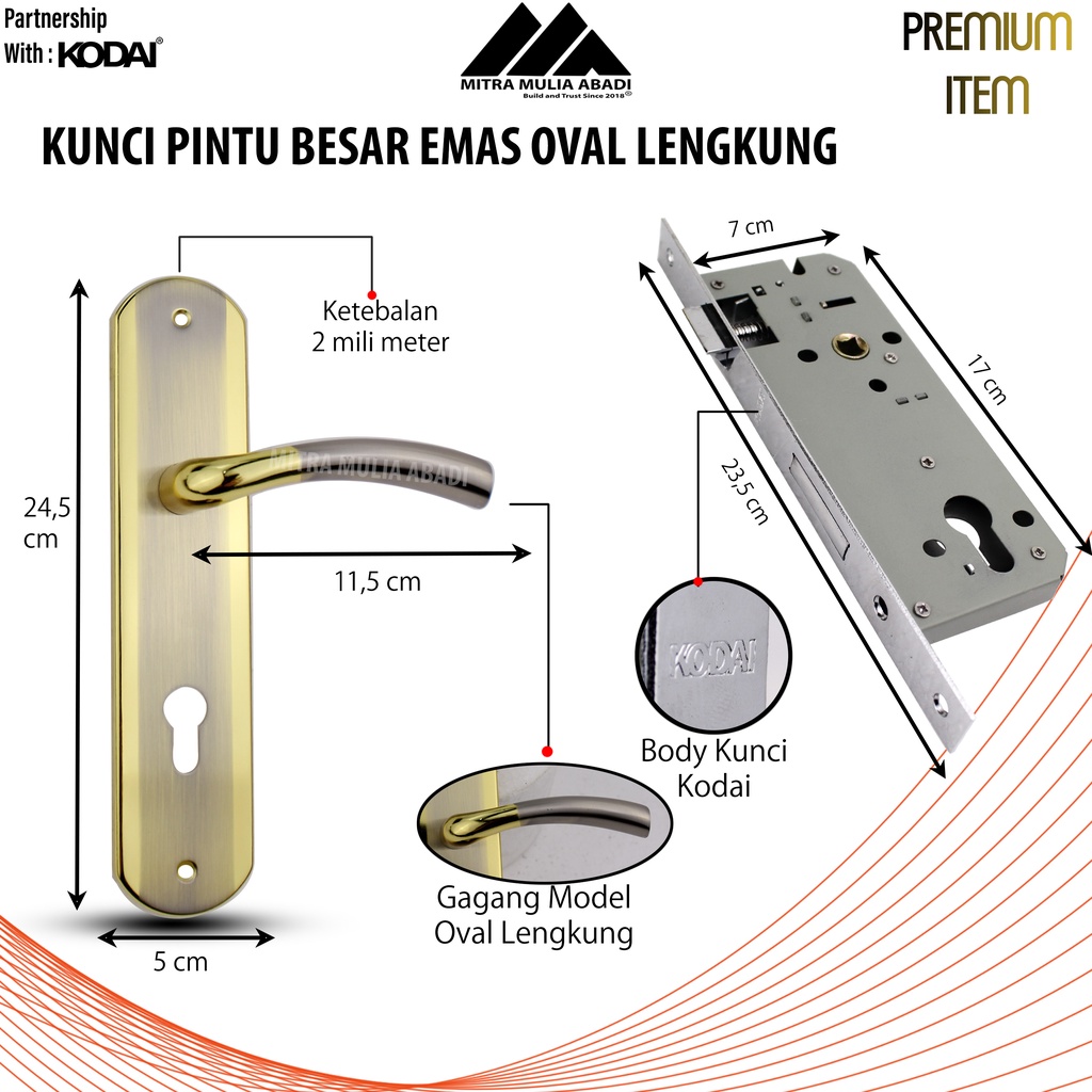 Kunci Pintu Besar Emas Ultima by KODAI | Oval Lengkung | Full Set