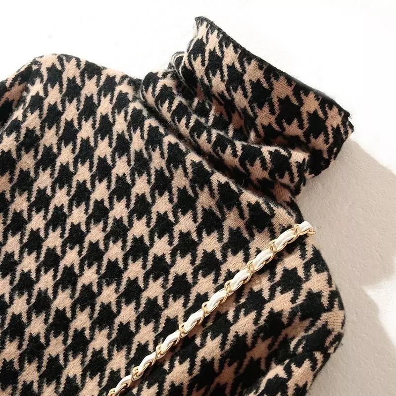 Sweater Turtleneck Houndstooth Wol Rajut