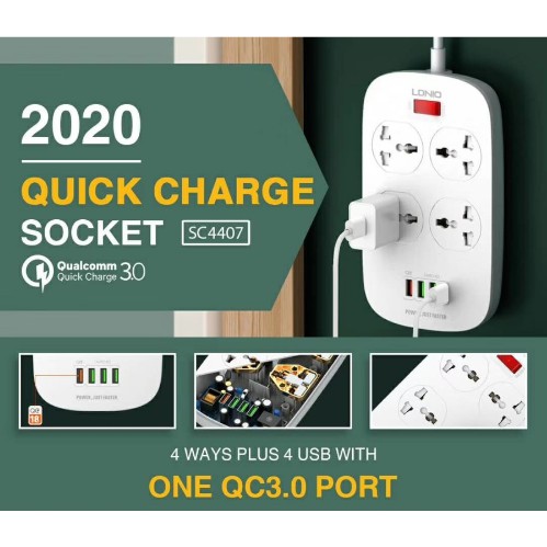 Stop Kontak 4 Socket with 4 Port USB Support Quick Charge LDNIO SC4407