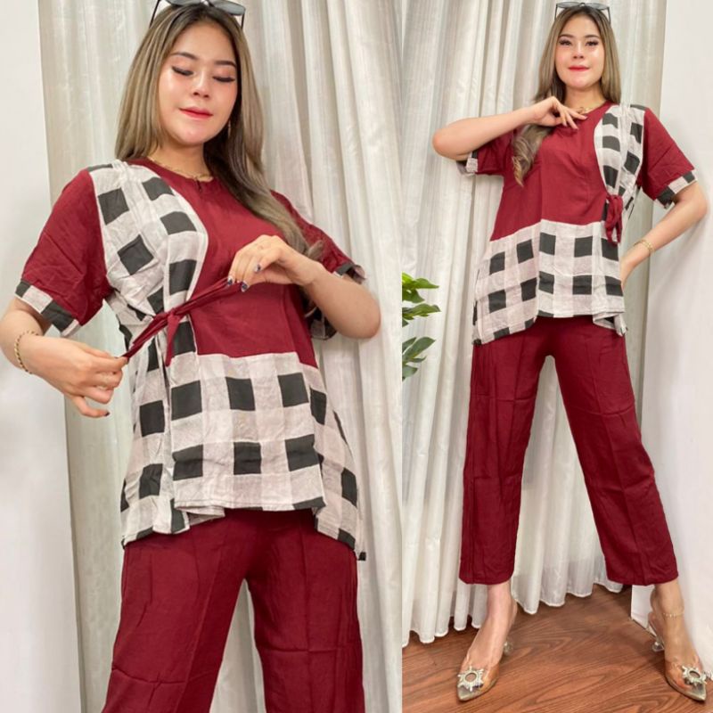 [BJSA COD BAYAR DIRUMAH] NEW ONESET KIMONO KOMBINASI KOTAK POLOS