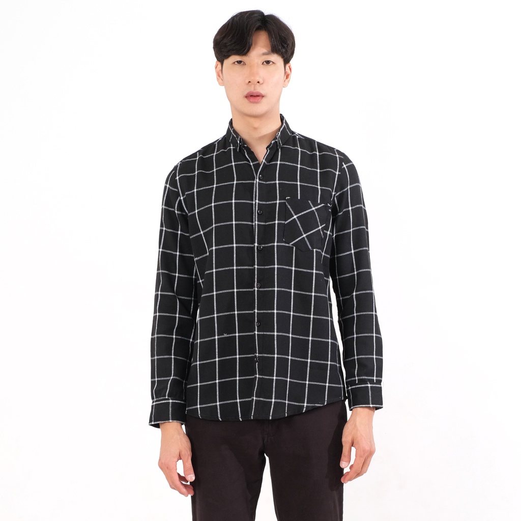 SANVANINA Kemeja Flannel Lengan Panjang Kotak Black White | Kemeja Flanel Pria Slim Fit E-8004