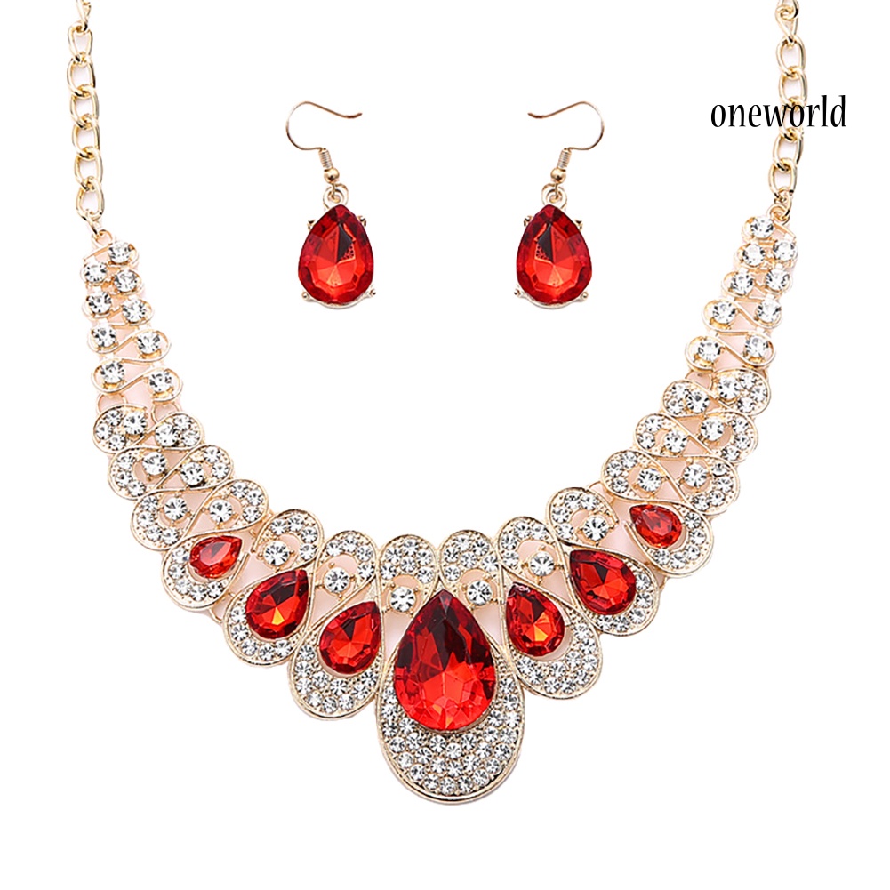 OW@ 2Pcs/Set Teardrop Rhinestone Statement Bib Necklace Earrings Bridal Jewelry Gift