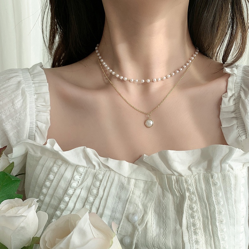 Kalung Rantai Klavikula Hias Mutiara Ganda Bahan Logam Gaya Korea Untuk Wanita