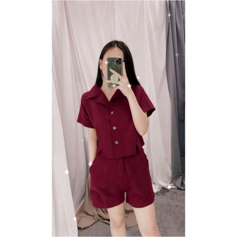 Setelan Crop Kancing Celana Pendek Polos Rayon Bali FIT TO XL