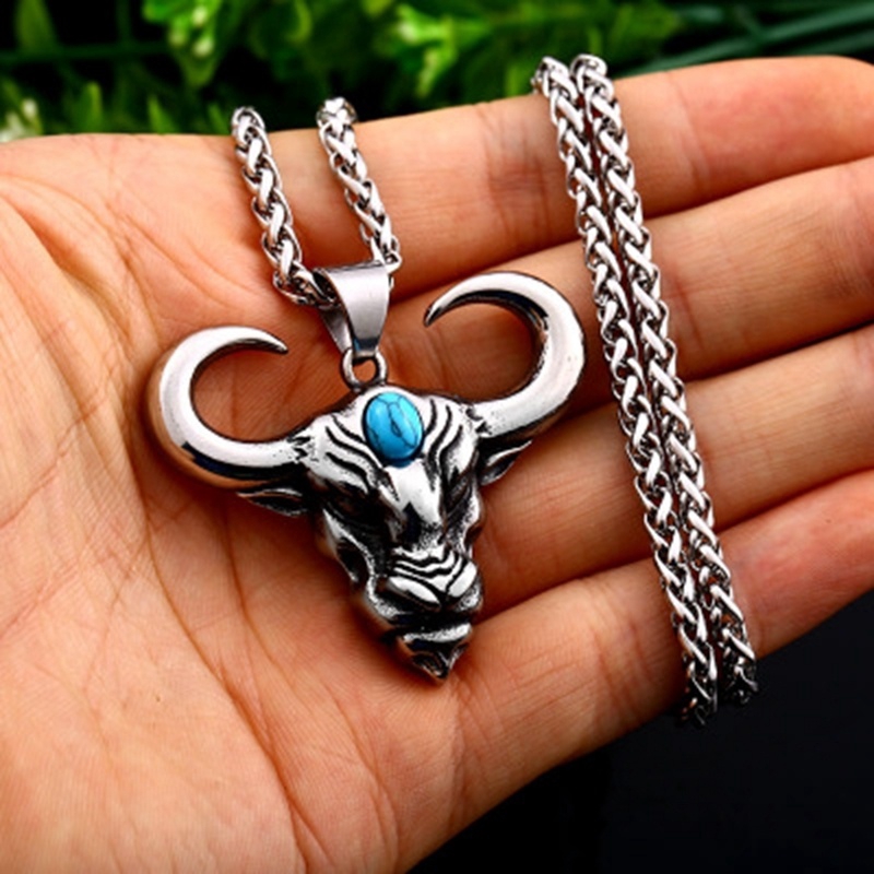 New men's fashion Inlaid Turquoise ox head pendant necklace punk jewelry