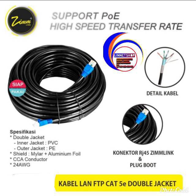 Kabel Lan ZIMMLINK FTP Cat5e OUTDOOR Meteran Siap Pakai