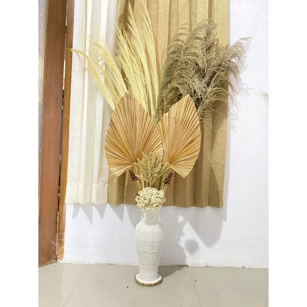 Dekorasi Rustic Paket Hemat dengan Pot Tinggi - Daun Palem Kering - Pampas Lokal - Bunga Kering - Dr
