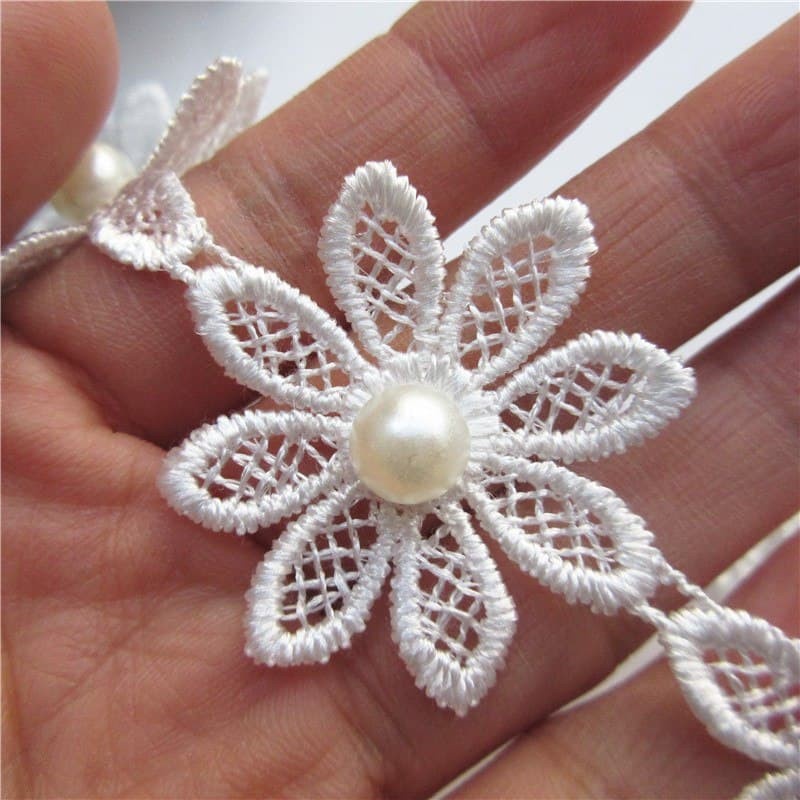 Fabric Embroidered Lace - Pearl Flower Chain Dia.4cm (10pcs)