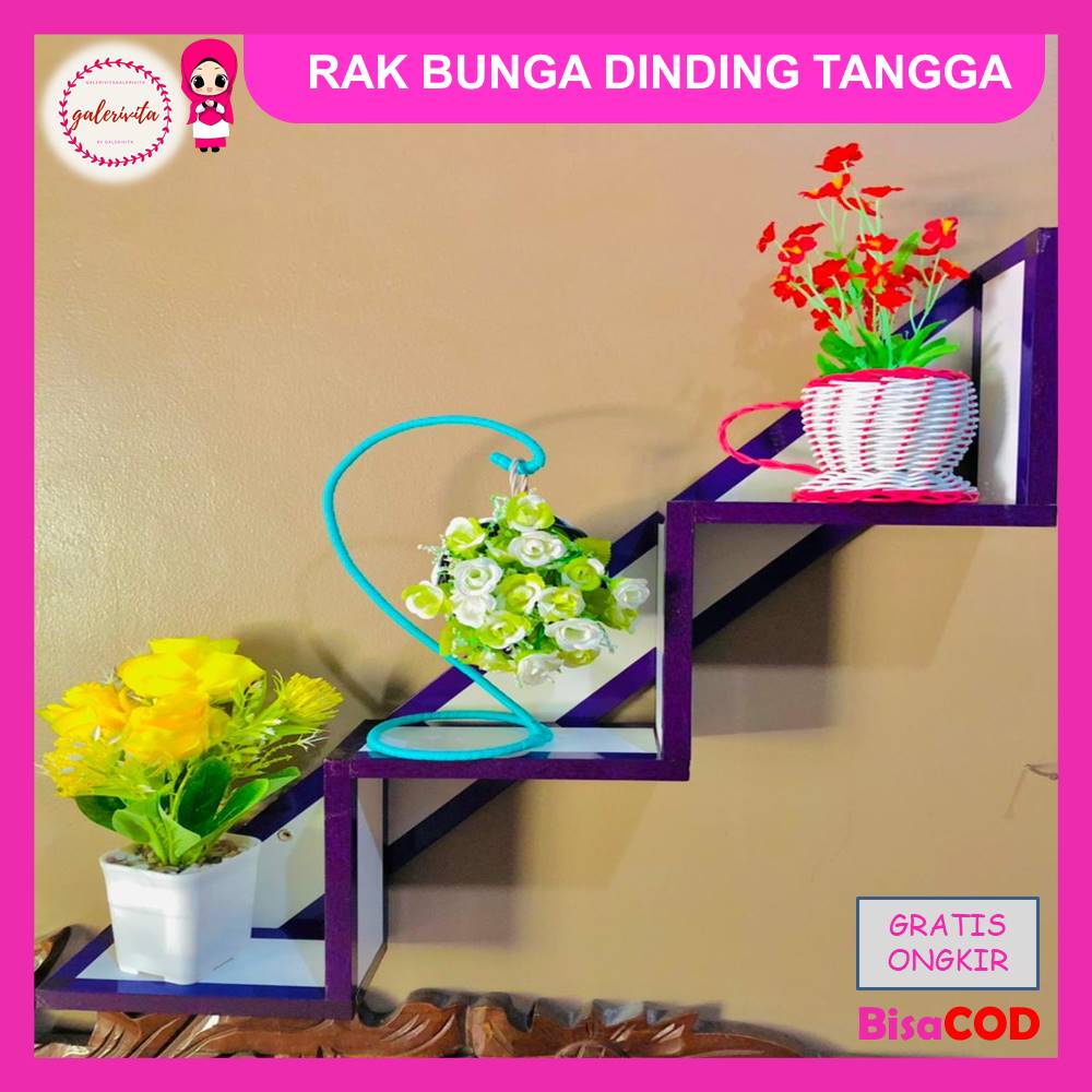 Rak Bunga Tangga 3 Pot Vas / Rak Hiasan Dinding Kayu / Rak Bunga Susun Warna Warni