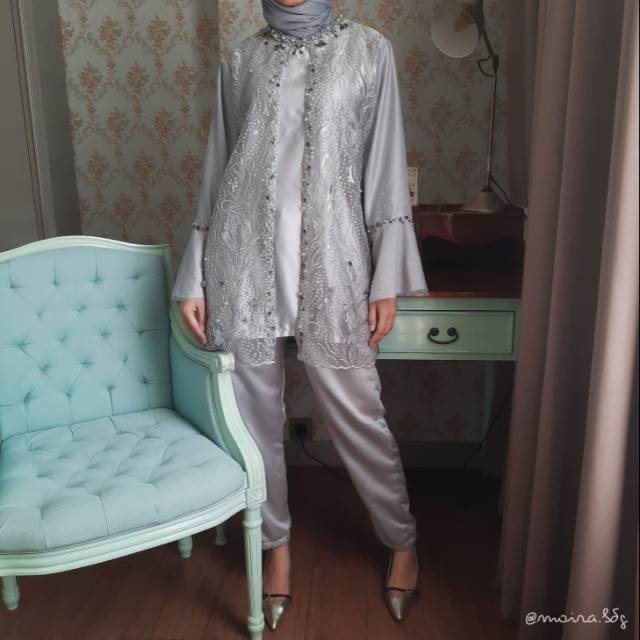  Baju  setelan pesta  wanita  silver abu brokat premium 