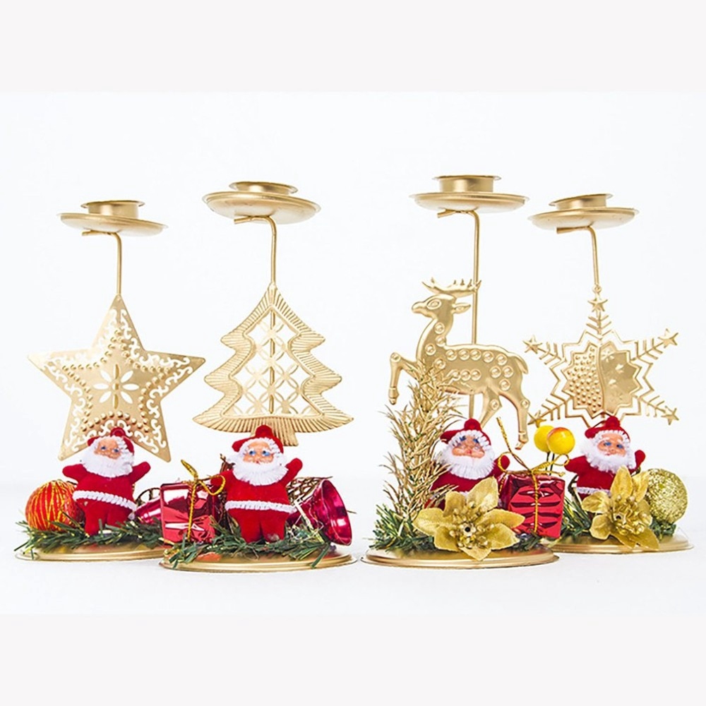 Desktop Ornaments Decor Holder Perlengkapan Xmas Meja Gold Xmas Kekinian Besi Lilin Produk Dekorasi Natal Santa Claus Snowflake Star Elk Tree Candle Holder