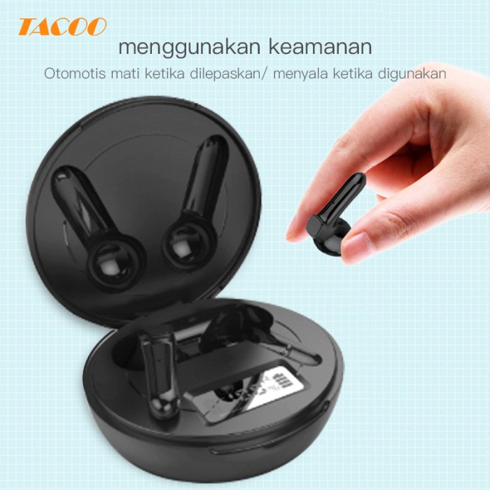 s01Gfgt0 Tacoo Tws Earphone Teh0431 Bluetooth 5.0 Deep Bass Noise Reduction - Merah Muda