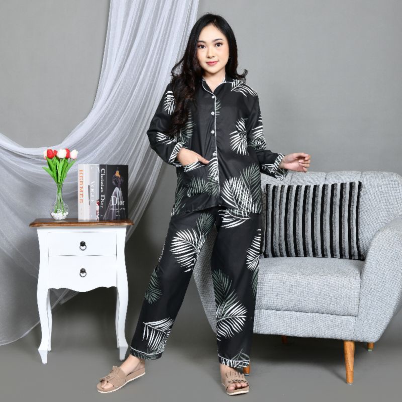 Baju Tidur Piyama Wanita/Cewek Pajamas Dewasa Katun Motif Daun Big Coco PP Lengan Panjang Kekinian