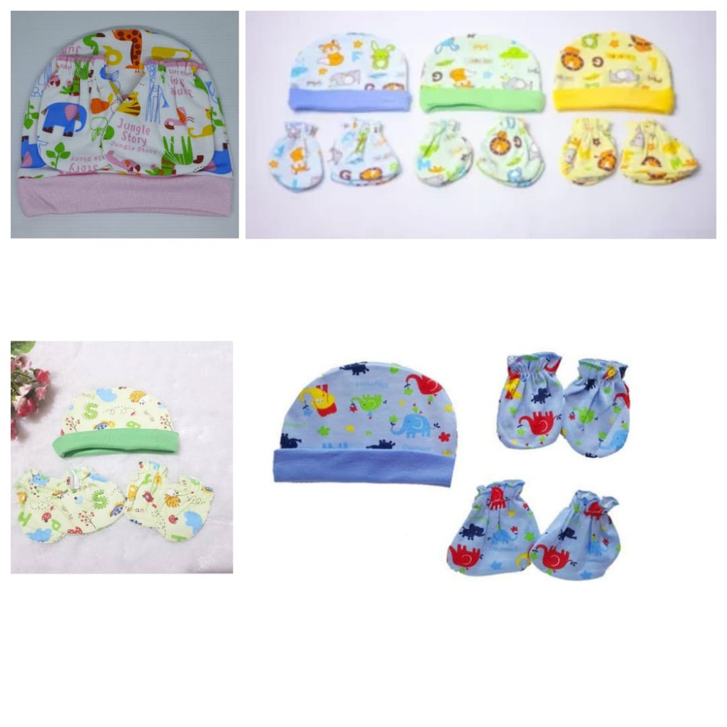 Promo !! VINATA-TOPI SET+SARUNG TANGAN FULL PRINT BAYI MURAH