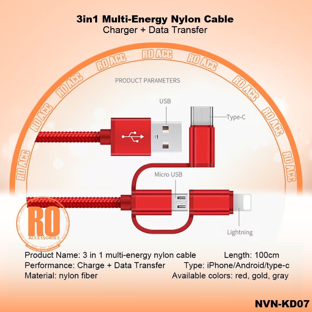 [RO ACC] NVN-KD08 KABEL DATA 3IN1 2021 DESIGN FAST CHARGING ORIGINAL