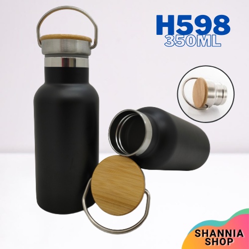 H598 [ HITAM ] Termos Tutup Bambu MINI 350 ml / Tumbler Stainless Steel Tahan Panas ( H-598 )