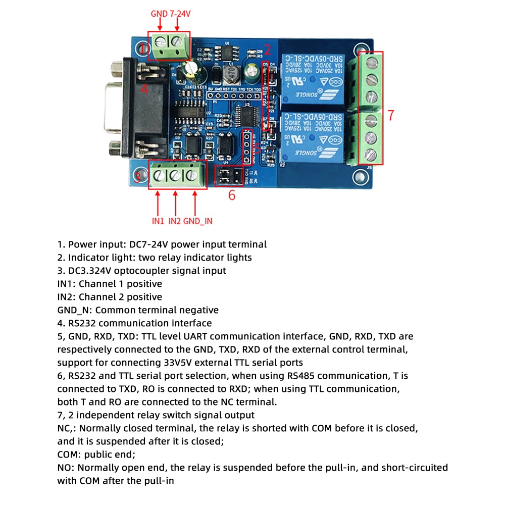 Modul relay Dc7~24V RS232 TTL UARTModbus RTU 1 2 Channel