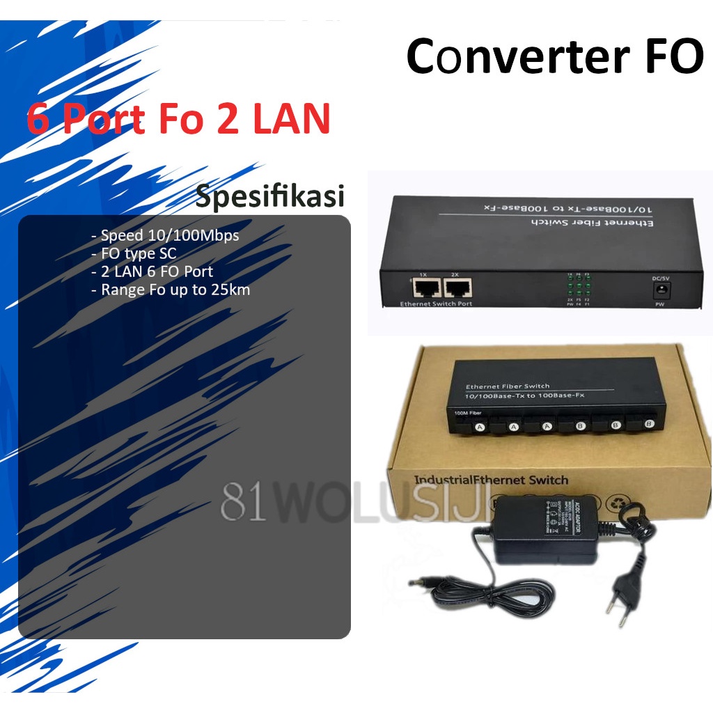 Converter LAN to Fiber Optic 10/100 Mbps - 6 port Fo 2 LAN