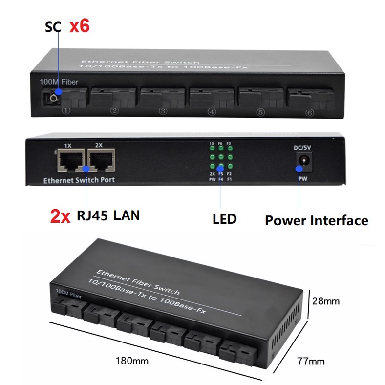 Media Converter 6 Port FO 2 Port LAN 10/100M Switch Fiber Optic Konverter Fiber Optik