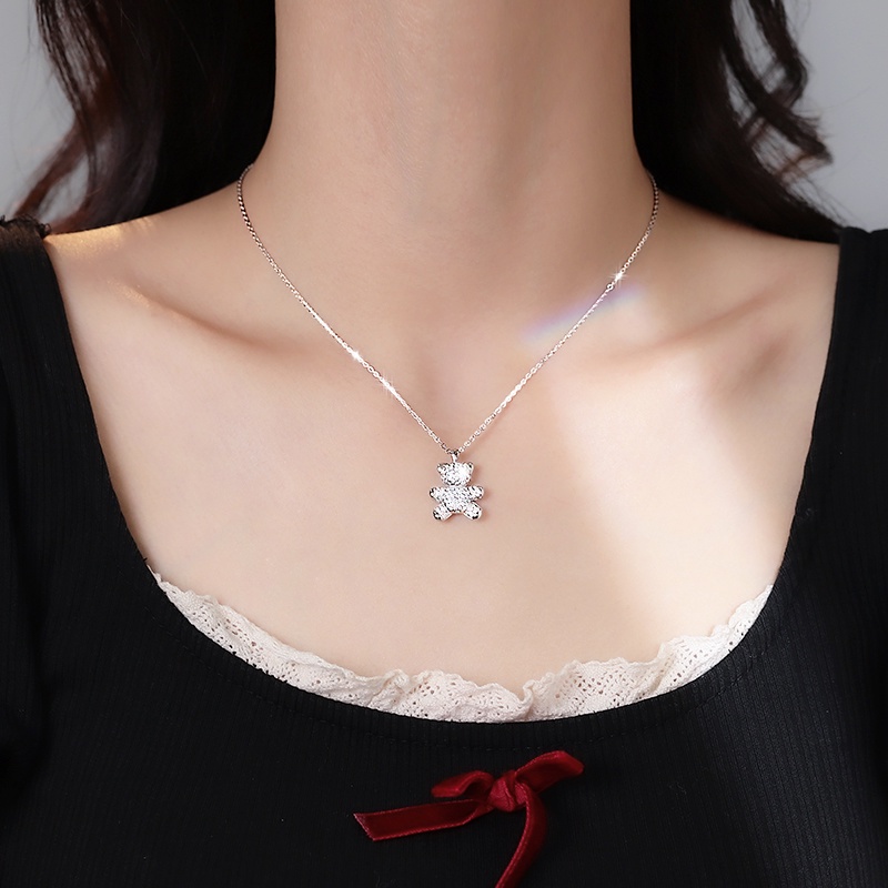 Kalung Rantai Sterling Silver 925 Dengan Liontin Beruang Hias Berlian Imitasi Untuk Wanita