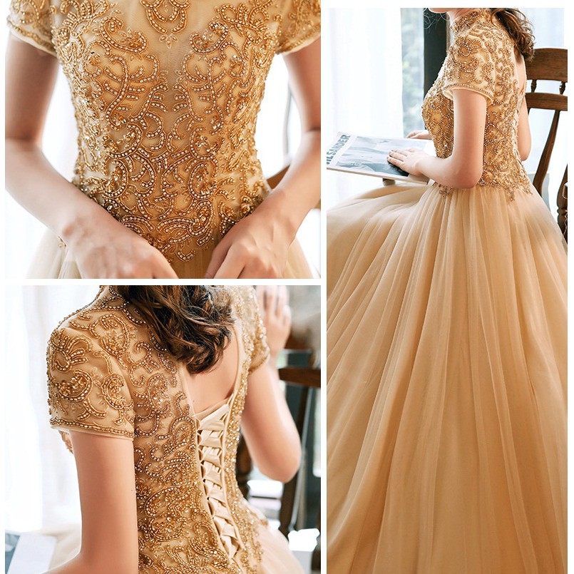 Gaun pengantin gaun malam Gaun malam bersulam dengan tulle lembut