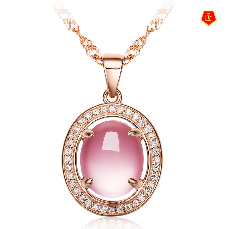 [Ready Stock]Rose Gold Micro-Inlaid Pink Crystal Rose Quartz Pendant Silver Necklace