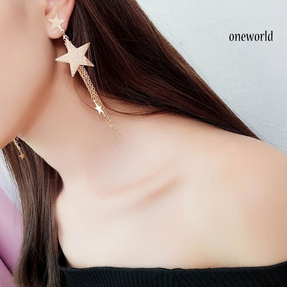 OW@ Women Five-Pointed Star Long Tassel Dangle Stud Earrings Piercing Jewelry Gift