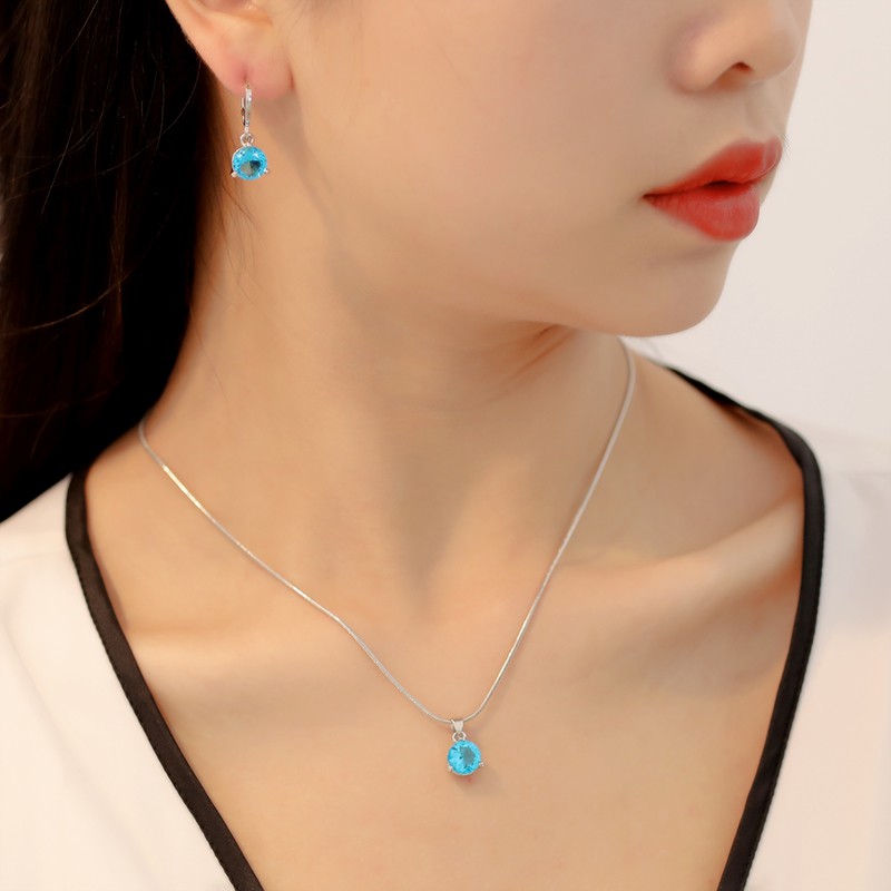 Kalung Fashion perhiasan temperamen anting kalung, Dua potong bulat multicolor zirkon liontin set