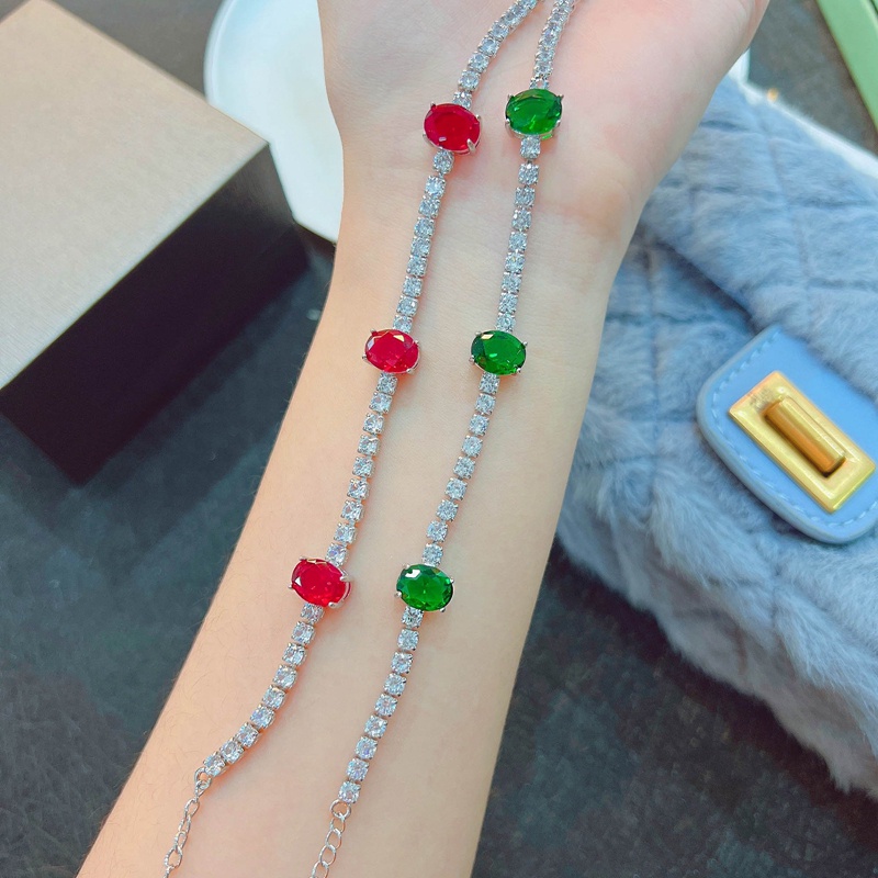 Gelang 925 Silver Bentuk Oval Aksen Ruby Zamrud Untuk Wanita