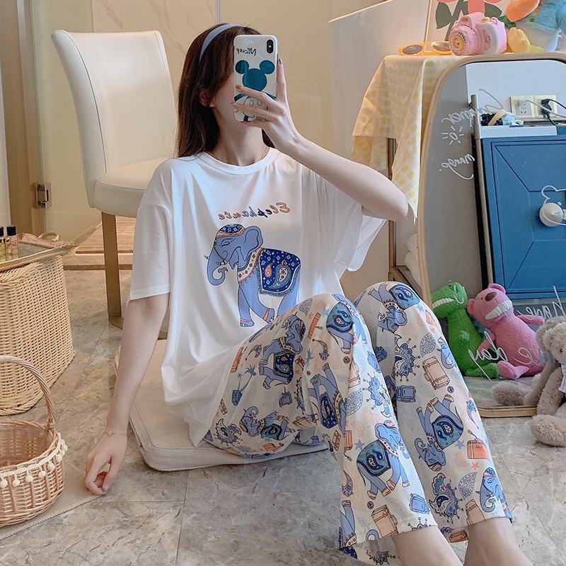 Piyama Oversize Bahan Kaos Lengan Pendek Baju Tidur Wanita pakaian tidur wanita kaos set baju tidur wanita piyama-Elephant