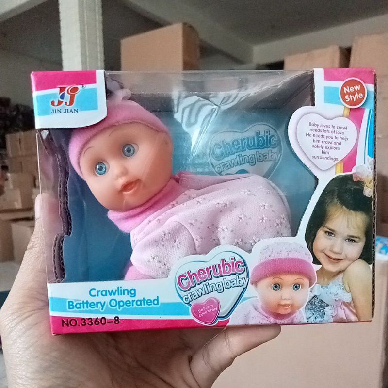 3360-8 Mainan anak boneka bayi merangkak memakai baterai kancing