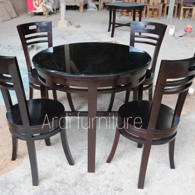 meja makan bundar bulat kursi 4 kursi minimalis bahan full kayu jati dan kaca meja