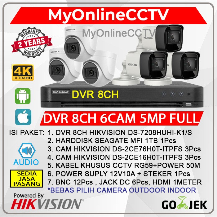 PAKET CCTV HIKVISION 6 KAMERA 5MP FULL + SUARA DVR 8 CHANNEL LENGKAP
