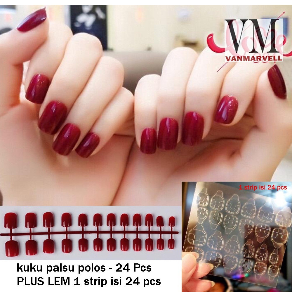 24 Pcs Kuku Palsu Maroon Free Lem Kuku - Nail Art Wedding - Kuku Polos Maroon - Kuku Perkawinan