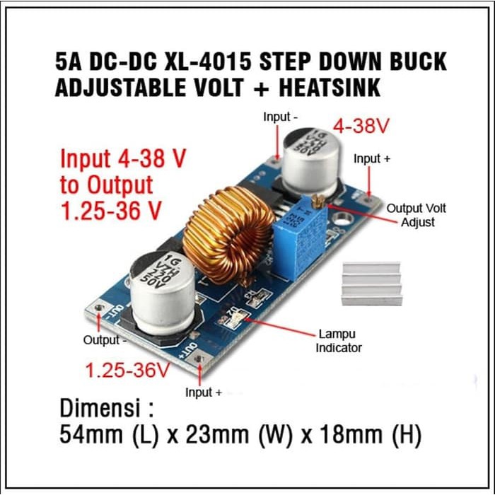 Step Down 5A XL4015 75W DC-DC Buck Converter Adjustable CV + Heatsink