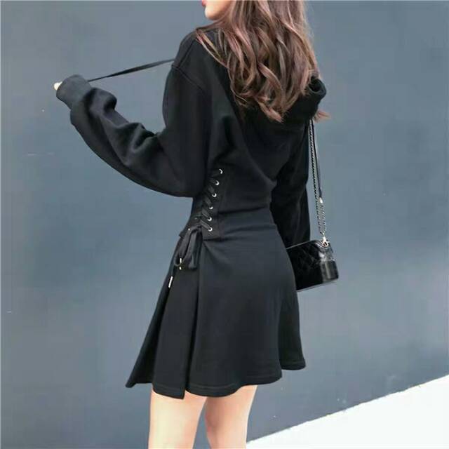 ULZZANG WAIST SHAPE HOODIE DRESS BLACK