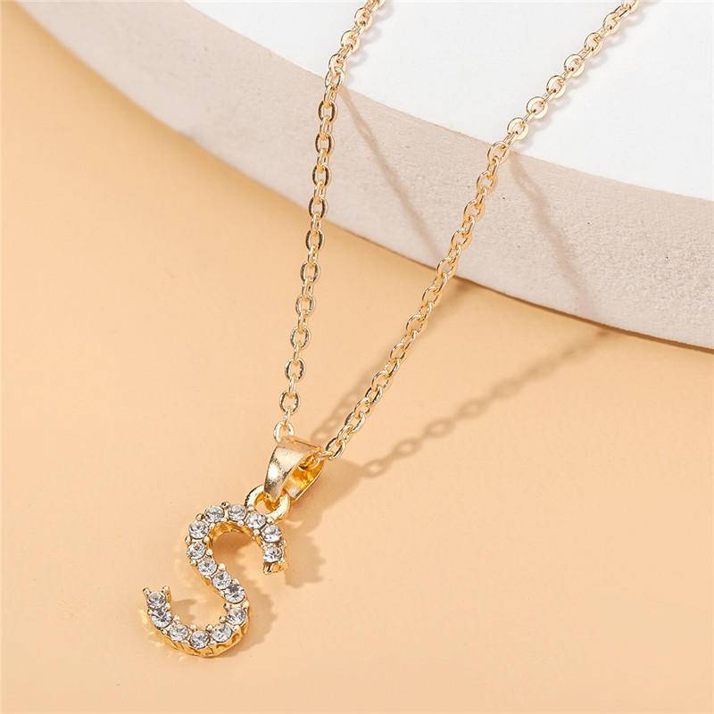 Kalung Rantai Liontin Inisial Huruf Aksen Kristal Lapis Emas Untuk Wanita