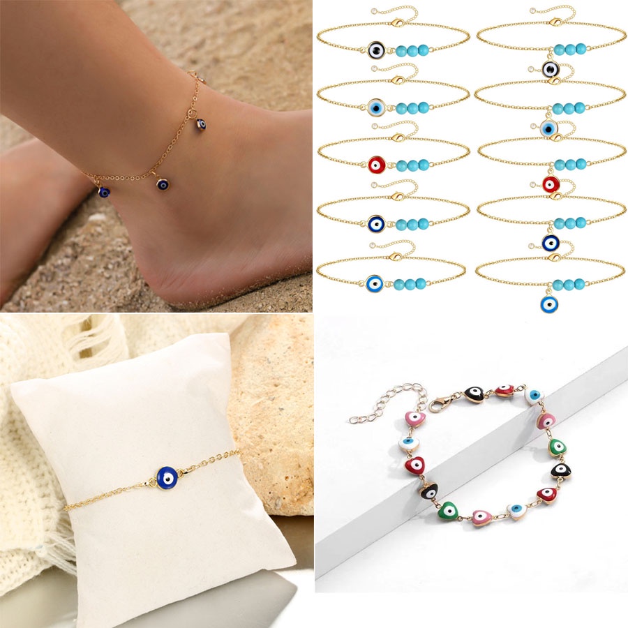 Gelang Kaki Rantai Manik-Manik Evil Eye Biru Adjustable Untuk Wanita