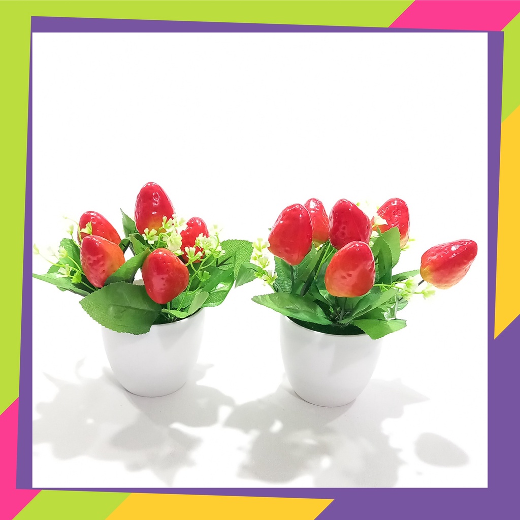 1657 / Pot bunga plus buah stroberi / Vas bunga tanaman Artificial strawberry