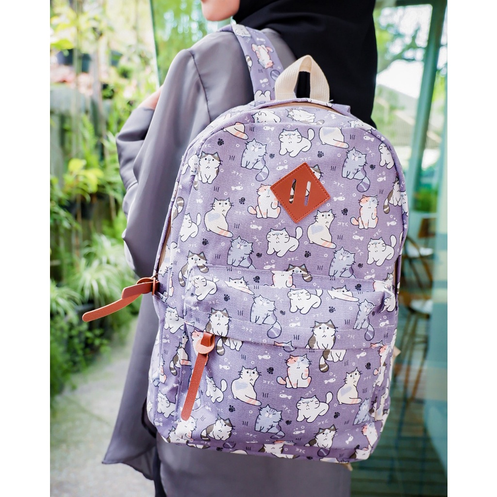 BACKPACK KUCING UNGU // taskanvasbdg - tas kanvas - tas ransel wanita - tas wanita - tas lucu - tas cewek