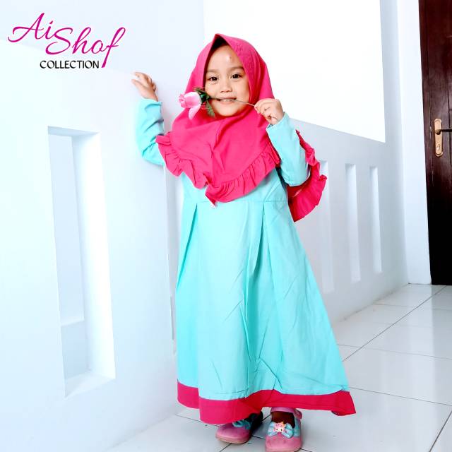 Gamis Setelan Anak Perempuan Umur 2 3 4 Tahun Biru Soft Merah