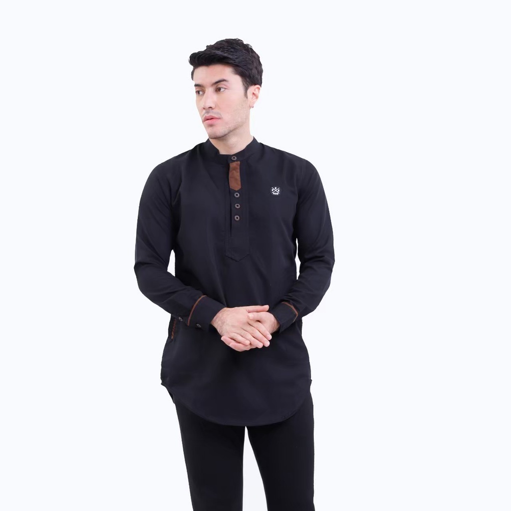 PROGRESS MAN baju koko pria lengan panjang koko kurta pangsi kemeja koko pria lengan panjang koko kurta pangsi baju kurta pangsi dewasa logo bordir Hitam P4N9S104